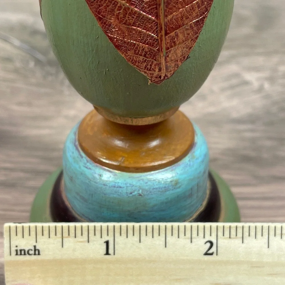 Wood Candlestick Holders Gold Leaf Green Brown Blue Artisan Handcrafted Set of 2